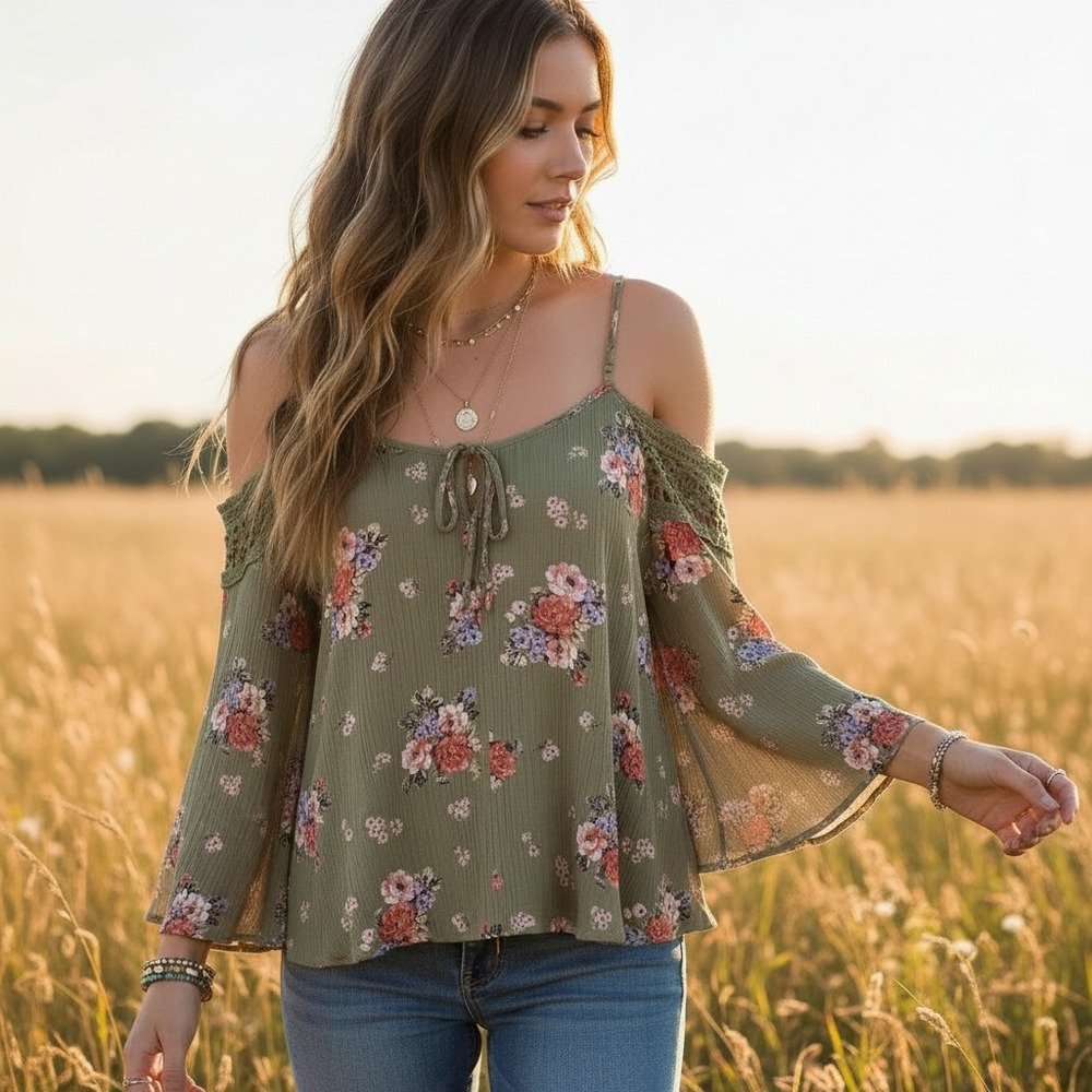Love Tree L Crop Top Green Floral Cold Shoulder Cottage Boho Coastal Earthy Chic